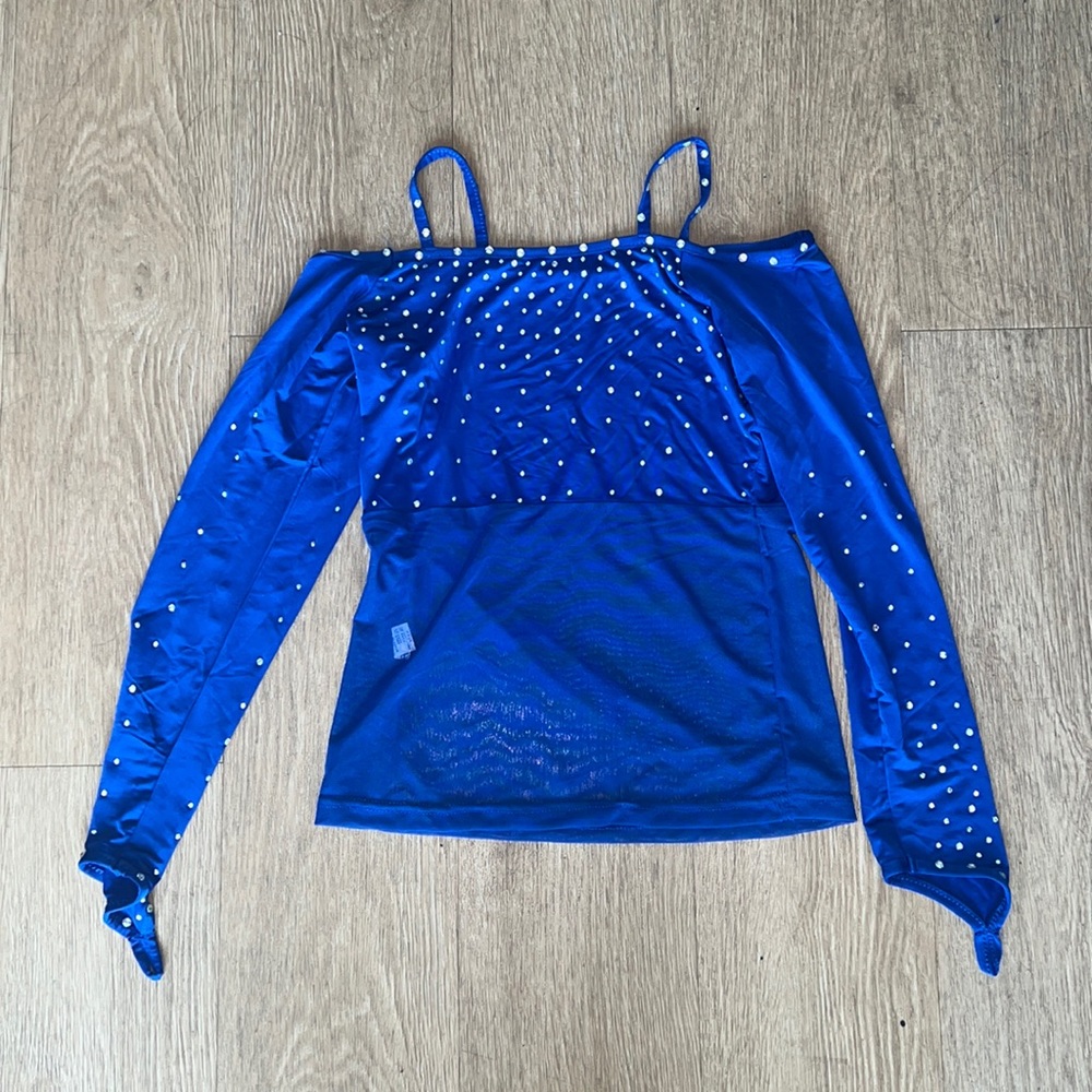 Blue off the shoulder dance costume top with rhinestones
